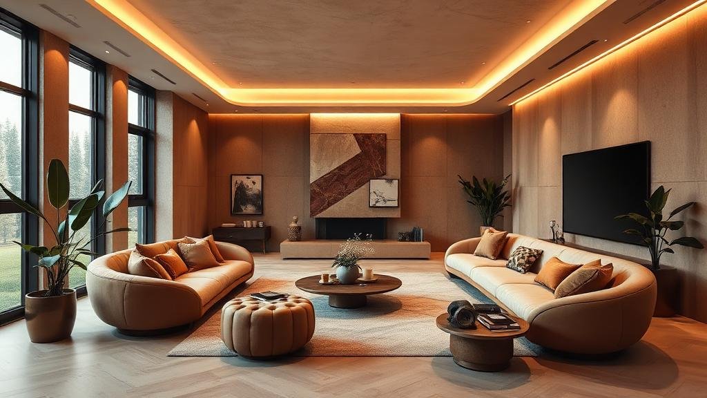 Modern interieur met interieurtrends 2026: warme aardtinten en curved furniture