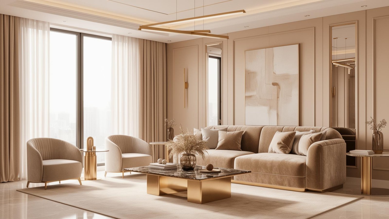 Luxe interieur met warme beige tinten en stijlvolle inrichting